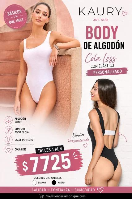 Kaury Art. 8188 Body de Algodón Cola Less con Elástico Personalizado Talles 1 al 4